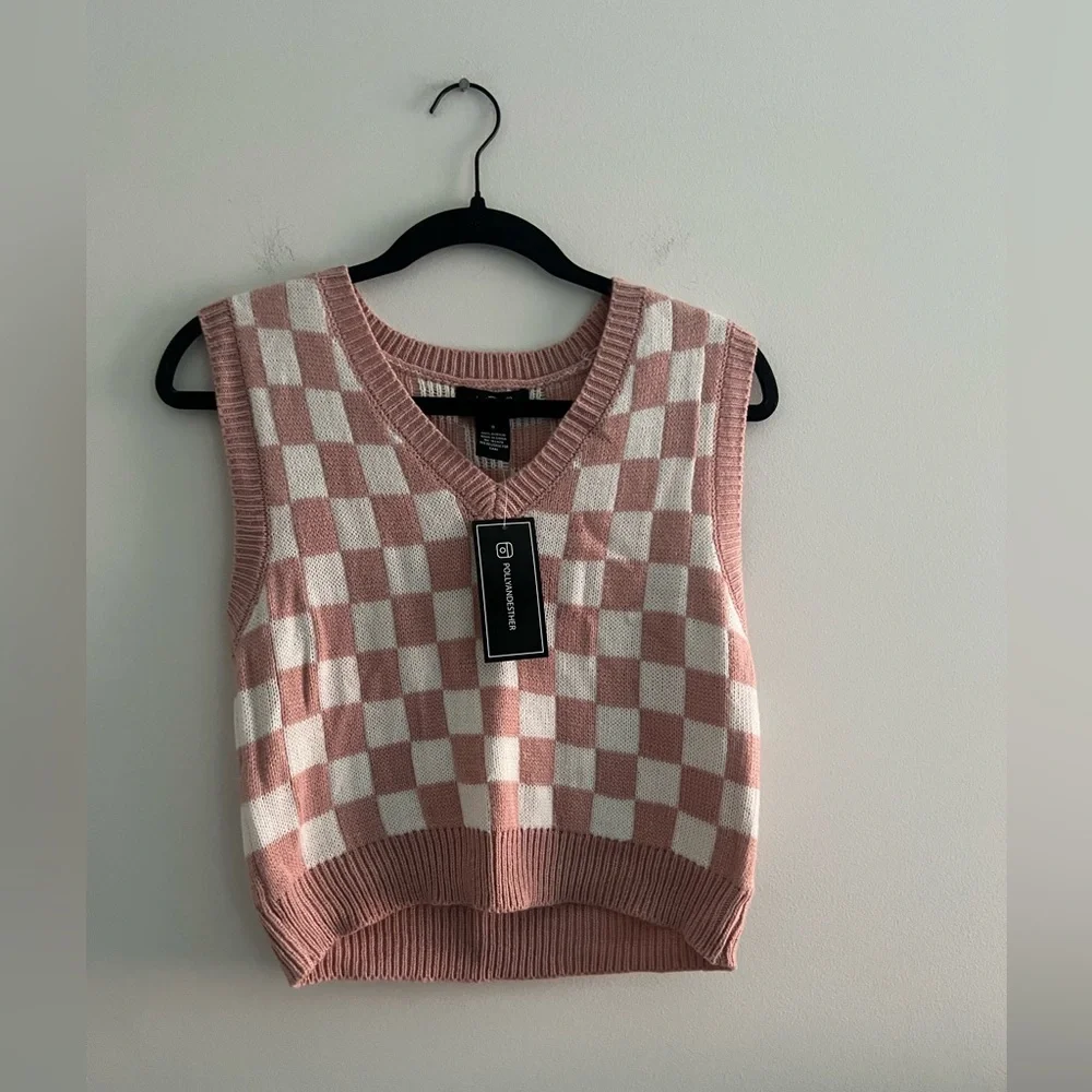 Just Polly Pink & White Checkered Knit Sweater Vest | Size Small - Picture 1 of 4